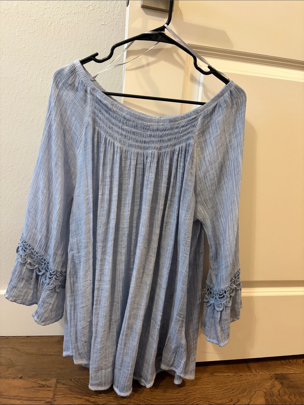 Spense Pale Blue Off-the-Shoulder Tunic with Crochet Trim